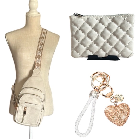 Sling Bag Beige, Quilted Faux Leather Coin Purse, Rhinestone Heart Keychain Set - Picture 3 of 15
